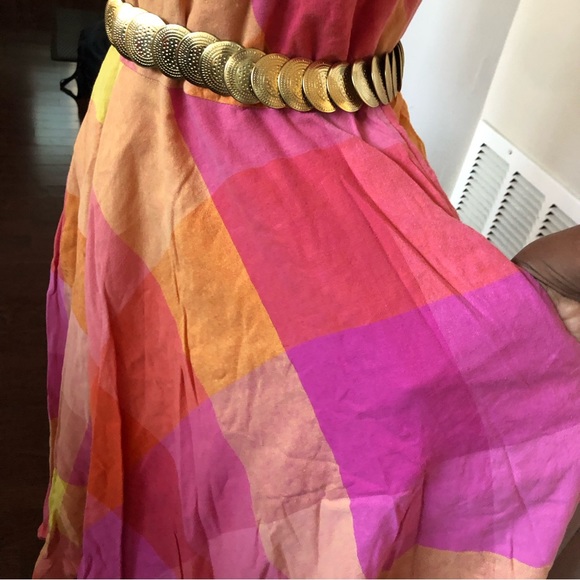 Vintage Large Plaid Checkered Full Skirt Linen Blend Dress - Picture 4 of 7